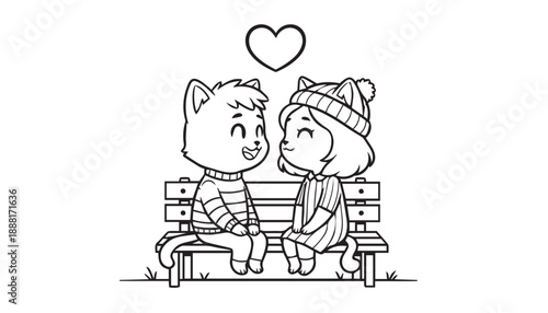 Cute Cat Couple Line Art Illustration Sitting on Bench, Perfect for Valentine Cards, Stickers, and Love-Themed Designs