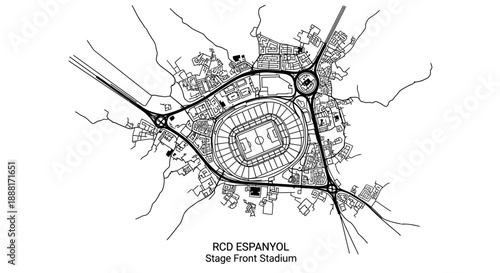 RCD Espanyol Stage Front Stadium Map with Surrounding Roads, Detailed Urban Planning Outline Illustration on Isolated White Background.