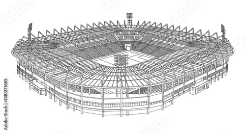Large Football Soccer Stadium Isometric Outline View, Detailed Sport Arena Architecture Illustration on Isolated White Background.