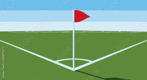 Red Corner Flag on a Green Football Soccer Field with White Lines Under Blue Sky, Sport Game Element.