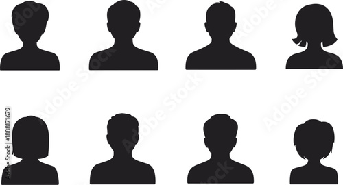 Eight diverse silhouette profile avatars on a white background Keywords: avatar, silhouette, profile, head, bust, person, user