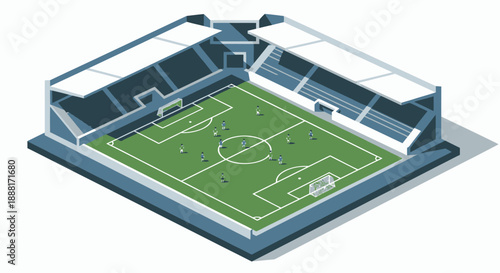 Modern Football Soccer Stadium Isometric View with Green Field and Players, Sport Venue Illustration in a Bright Setting.