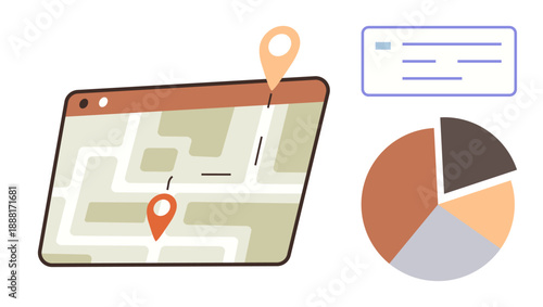 Navigation, geolocation, data presentation, business analytics, digital mapping, communication tools. A map with location pins, pie chart and a text box. Navigation and data presentation concepts