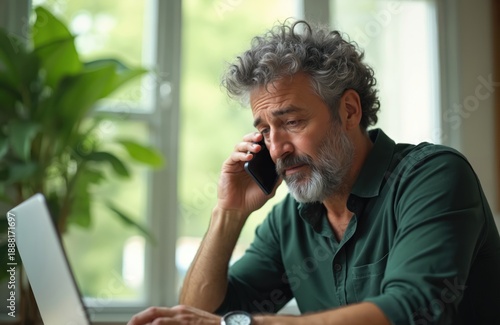 Bearded man talks on cell phone looking at laptop. Appears stressed, concerned about work. Indoors at desk, person uses modern tech for business. Green shirt guy looks worried. At home office.