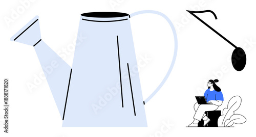 Gardening concept. Watering can as central gardening tool combined with abstract elements of outdoor lifestyle including plants and leisure. Gardening tool usage, nurturing plants, horticulture