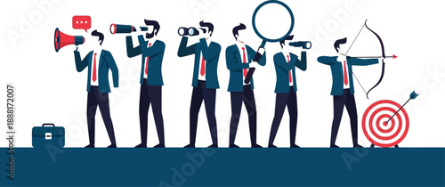 Business team members focus on future goals using binoculars megaphones and aiming an arrow at a target demonstrating strategic vision and communication across the organization