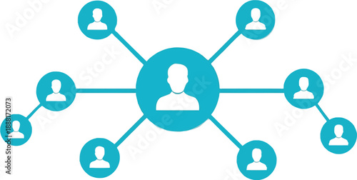 Centralized network diagram illustrating user connections and information flow within a connected social media group or organizational structure framework