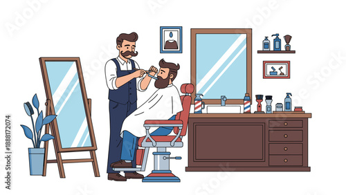 Professional barber with a mustache cutting a customer's hair in a traditional vintage barbershop with mirrors and grooming tools.