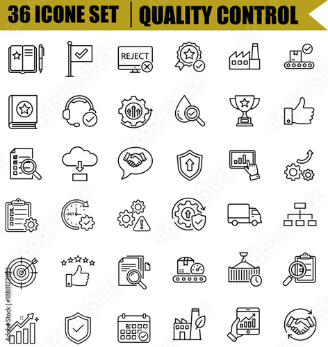 Quality control icon set with editable line style vector symbols for inspection, evaluation, product testing, certification, quality assurance, defect detection, manufacturing process, standards compl