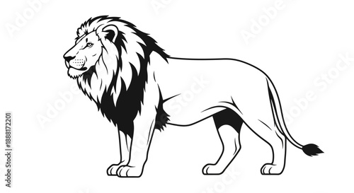 Illustration of a majestic lion standing proudly with a flowing mane