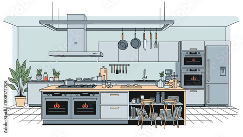 Modern kitchen interior with high-end appliances, central island with stools, and sleek cabinetry in a minimalist style.