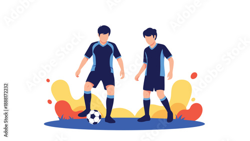 Two young boys in soccer uniforms playing with a football on a colorful stylized field with abstract shapes in the background.