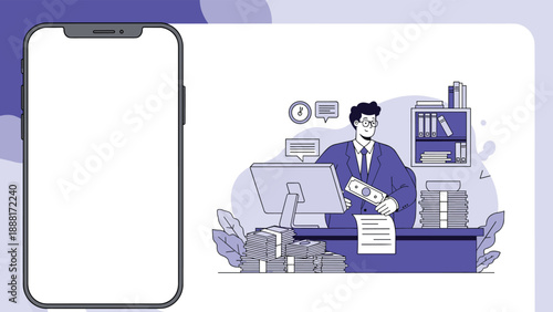 Professional man working at an office desk with money and computer next to a large blank smartphone screen for promotion.