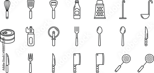 Outline Icons of Various Kitchen Utensils and Gadgets tool cooking