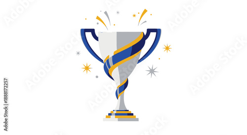 Silver trophy with blue and yellow ribbon and stars.