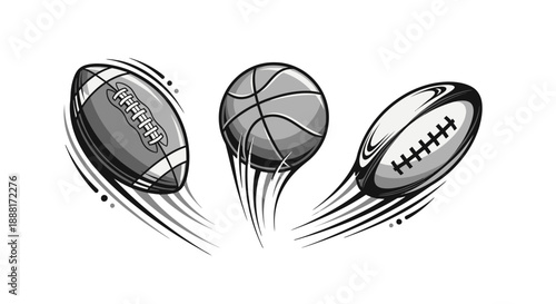 Three sports balls in motion, American football, basketball, and rugby.