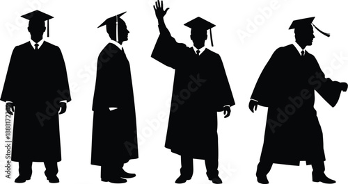Graduation silhouettes of students in academic caps and gowns posing proudly, ideal for education, ceremony, success, and achievement themes.