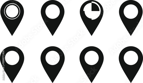 Set of eight black location pin map marker icons with variations navigation destination