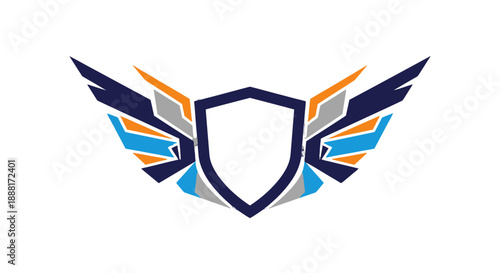 Winged Shield Logo Design with Navy Blue and Orange Accents.