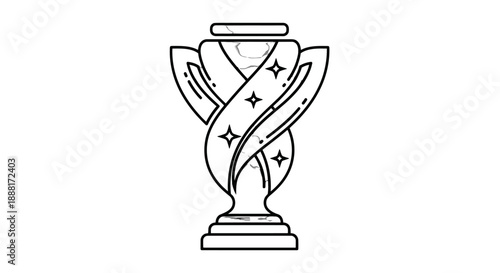 Simple black and white line art trophy illustration with ribbon and stars.
