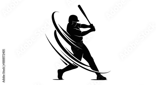 Silhouette of a baseball player swinging a bat with dynamic motion lines.
