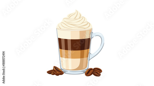 Tall glass mug of layered coffee with milk, espresso, and chocolate topped with whipped cream and surrounded by coffee beans.