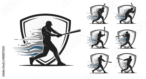 Baseball Player Silhouette Logo Designs with Shield Emblem.