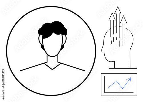 Personal growth concept. Symbolic head, arrows, and graph personal growth and achieving success. Personal growth supports self-improvement and future achievements. For career, motivation, education