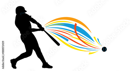 Baseball Player Hitting Ball with Bat Silhouette.