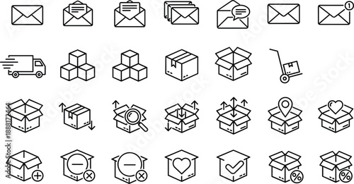 Set of outline icons for mail delivery and package handling services envelope email