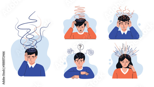 Group of people expressing different states of mental confusion, stress, and overwhelming thoughts with chaotic lines.