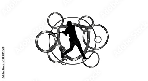 Silhouette of a person surrounded by abstract circular shapes.