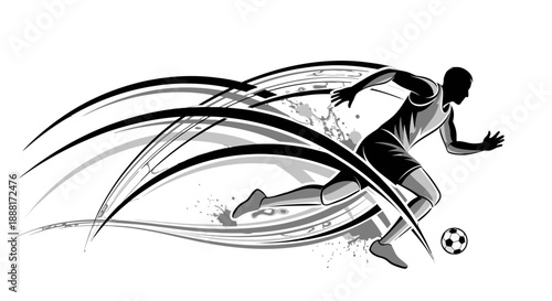 Dynamic black and white illustration of soccer player in action kicking the ball.