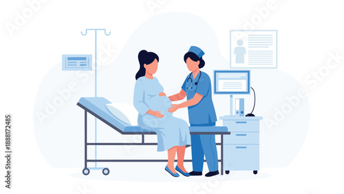 Pregnant woman sitting on a hospital bed while a nurse in blue scrubs performs a checkup in a bright medical office.