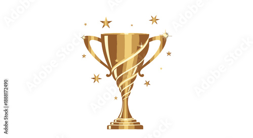 Golden Trophy with Stars and Swirls on White Background.