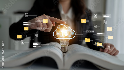 Foto Innovative cloud computing concept featuring a light bulb emerging from a book, symbolizing synergy between technology and fresh ideas in the business landscape