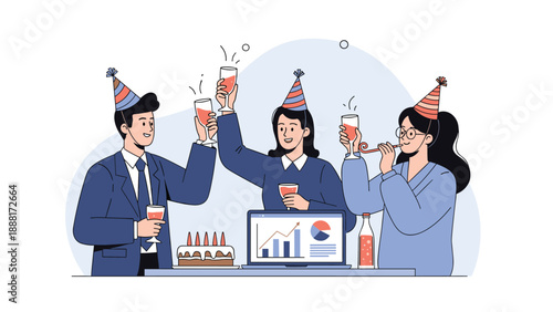 Colleagues wearing party hats celebrating business success with champagne at a desk with cake and financial charts.