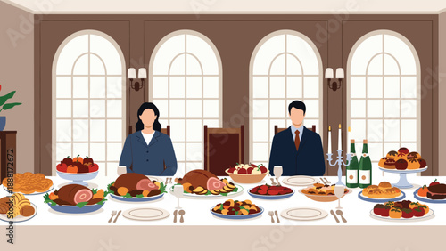 Opulent formal dining table set for a grand feast with various roasts, sides, desserts, and two people waiting to dine.