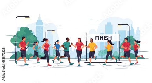 Diverse group of people running a race towards the finish line.