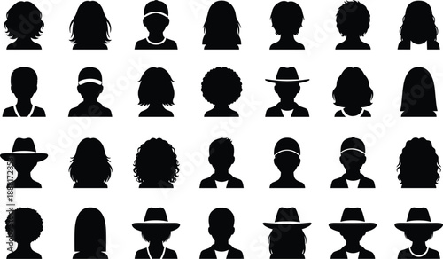 Assortment of Black Silhouette Avatars of People with Various Hairstyles and Hats Keywords: silhouette, avatar, person, people