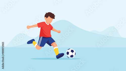 Young boy in a red shirt and blue shorts kicking a soccer ball on an outdoor field with mountains in the background.