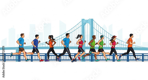 Diverse group of people running across a bridge.