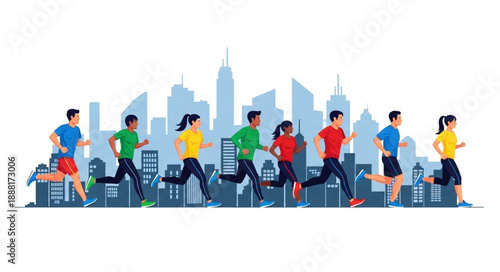 Diverse group of people running in a city marathon.