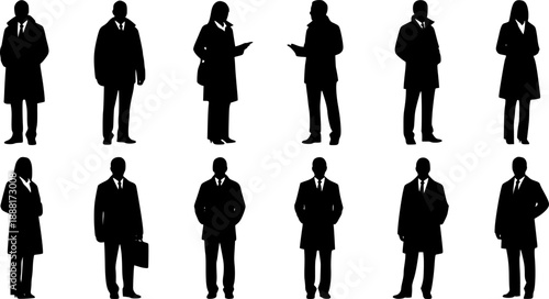 silhouettes man and woman, outerwear, different poses, profile, business people, group , standing, black color, isolated on white background
