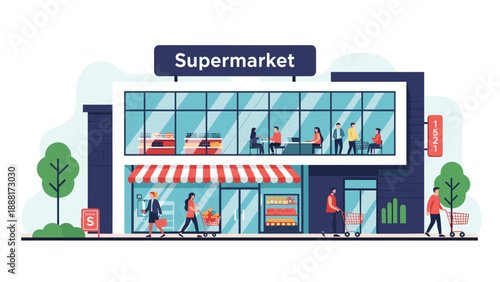 Busy supermarket building with large glass windows showing people shopping and walking outside with grocery carts.