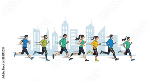 Diverse group of people running in a city marathon event.