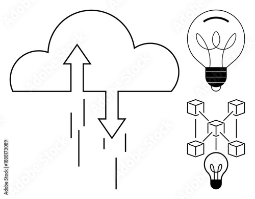 Cloud computing, blockchain networks, technology innovation, data transfer, digital transformation, decentralized systems. Cloud with arrows, bulbs and block network illustration. Cloud computing