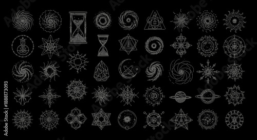 Collection of mystical and symbolic designs on black background.