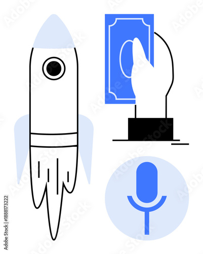 Startup business, personal financing, crowdfunding, innovation, business success, technology. Rocket, hand holding a banknote and microphone graphic. Startup business and crowdfunding concept
