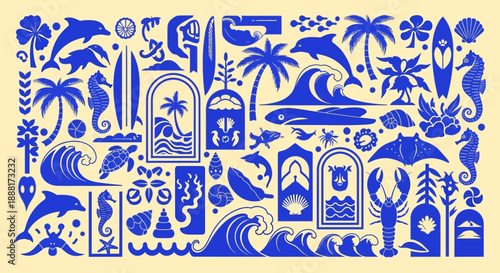 Tropical Summer Vacation Elements Collage.